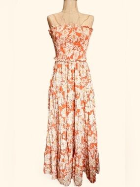 Altar’d State Strapless Orange Multi Floral Smocked Maxi Dress. Size S. NWTs.